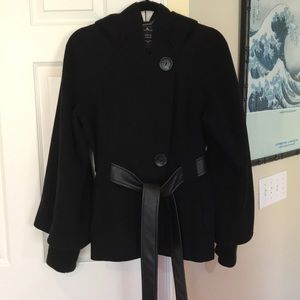 Black hooded wool coat with leather belt